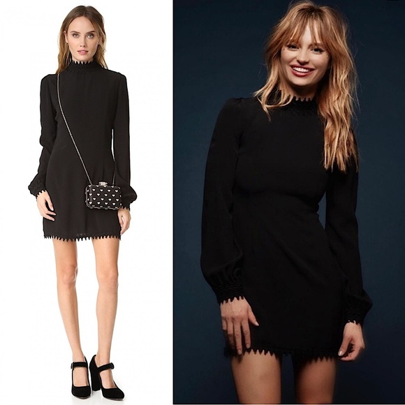 STONE COLD FOX 70s Crepe Mockneck Long Sleeve Lace Trim Doutzen Mini Dress S - Picture 2 of 5